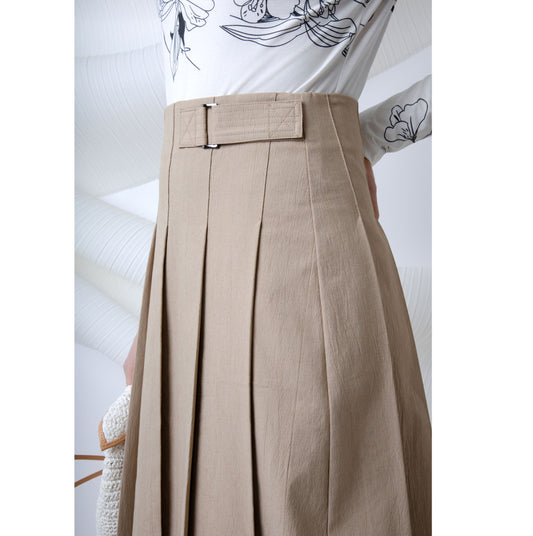 Box Pleated Wrap Skirt with Buckle