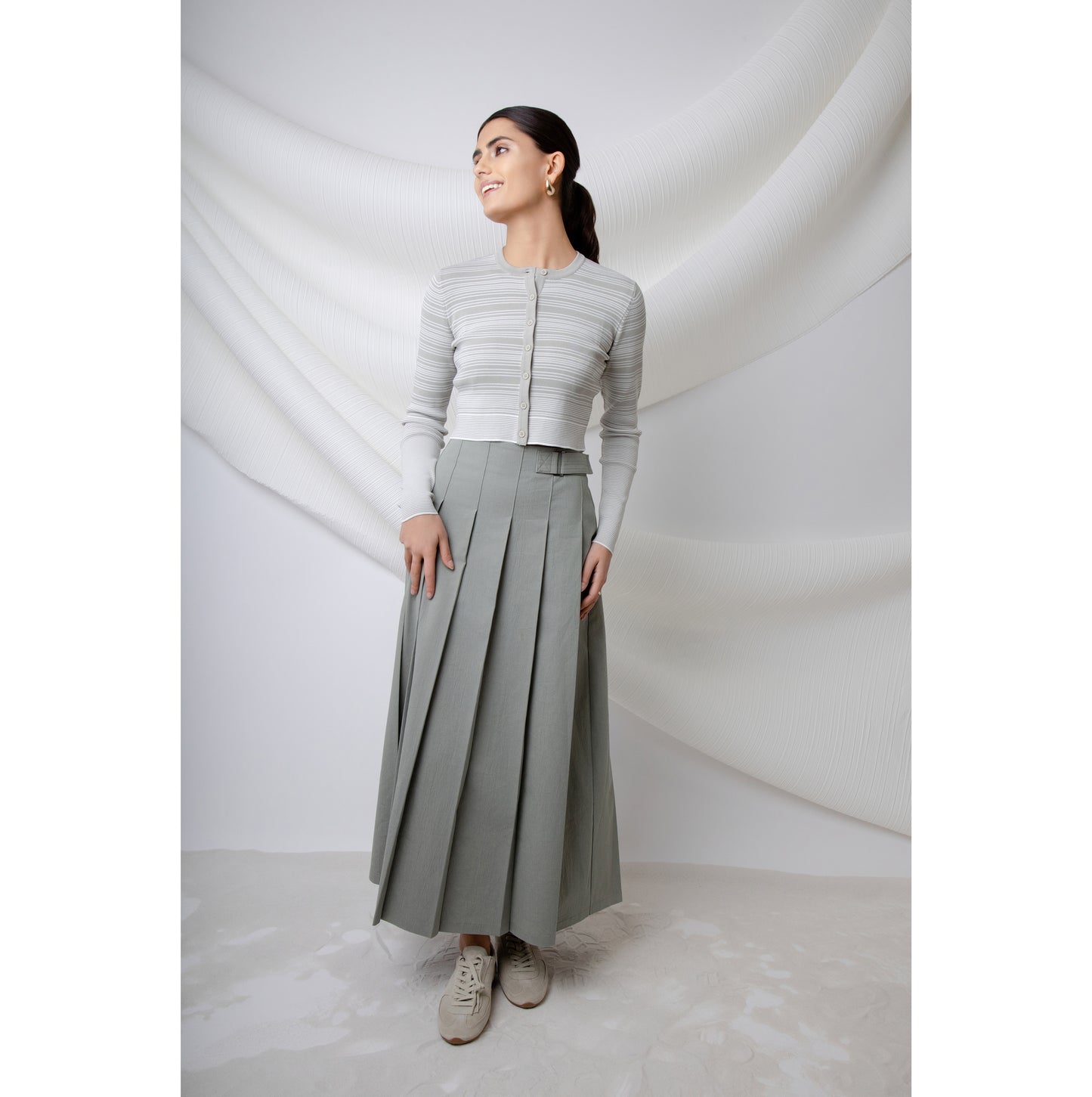 Box Pleated Wrap Skirt with Buckle