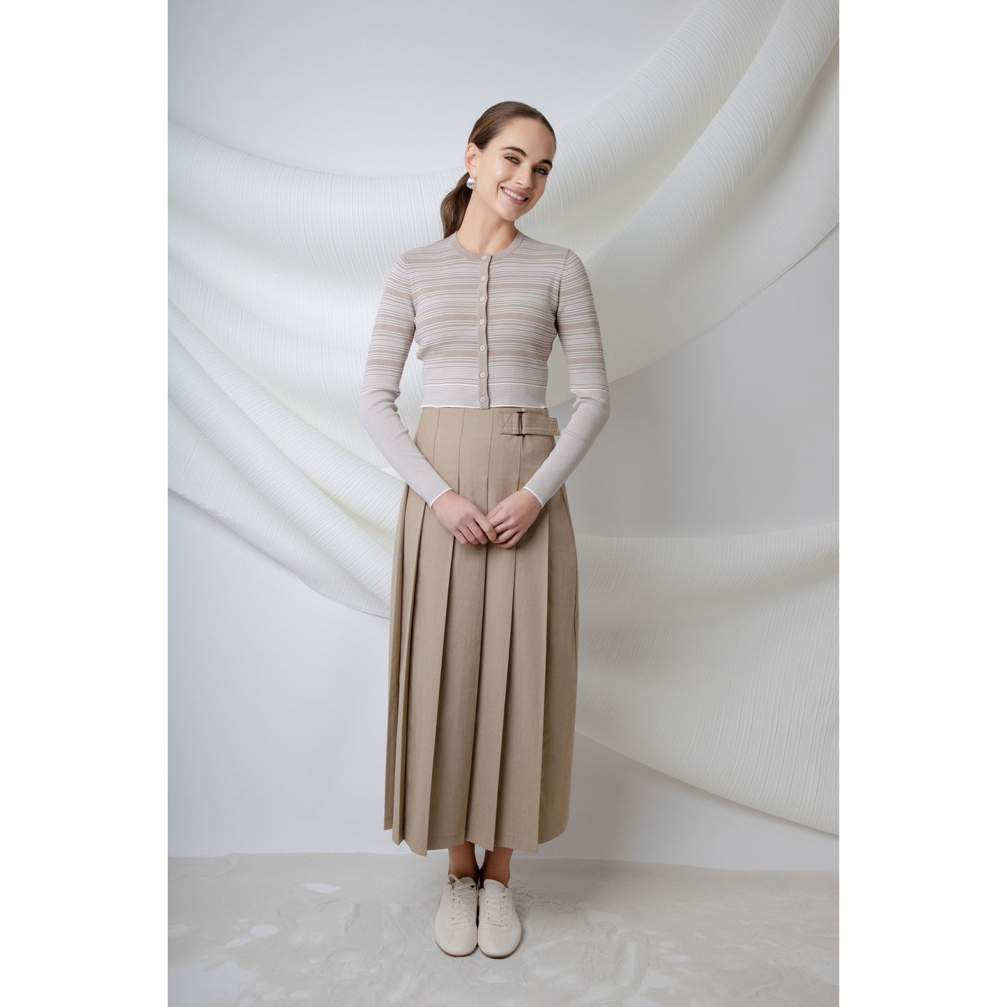Box Pleated Wrap Skirt with Buckle