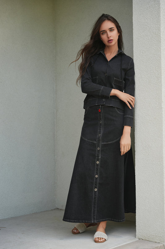 Rounded Topstitch Skirt with Center Seam Buttons